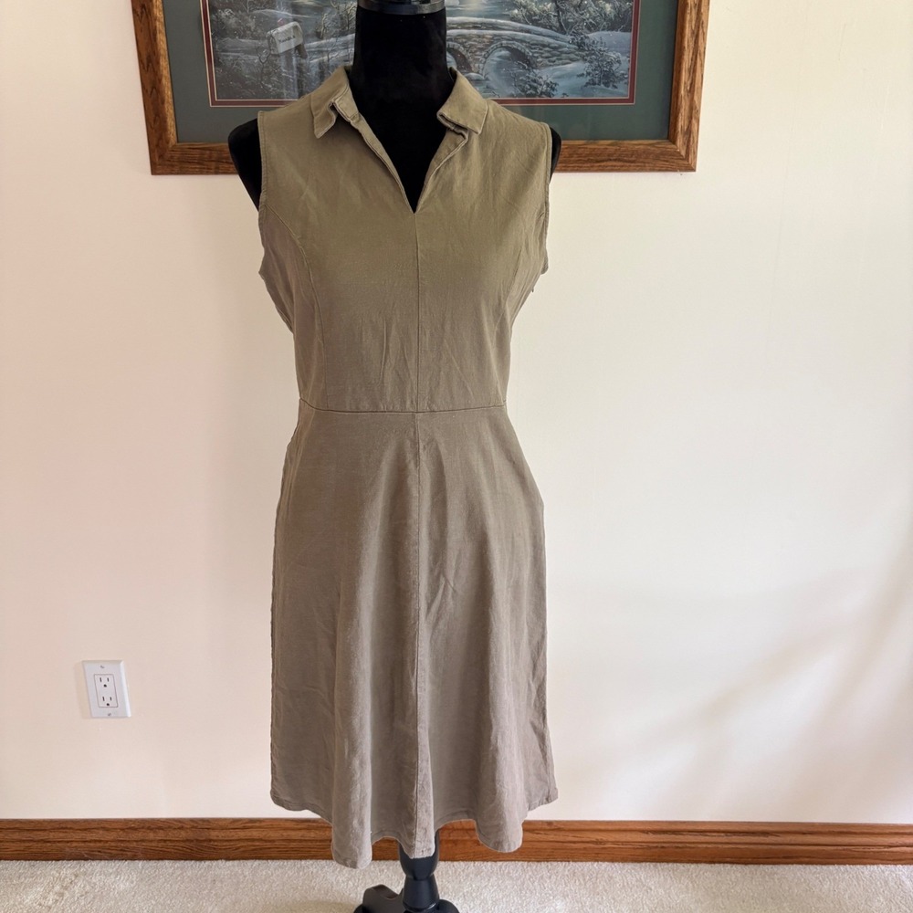 T Tahari Sleeveless Linen Blend Dress Womens 4 Olive Green Fit Flare Collared